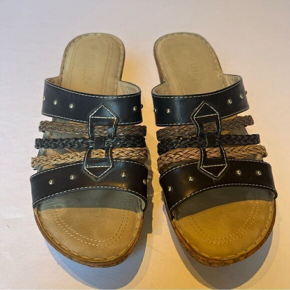 Patrizia Sandals by Spring Step Size 8.5/39 Black/Tan Braided Slip On Wedge - Picture 2 of 9